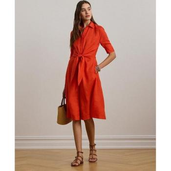 Lauren Ralph Lauren : Robe chemise en lin oranger, taille 38, avec ceinture