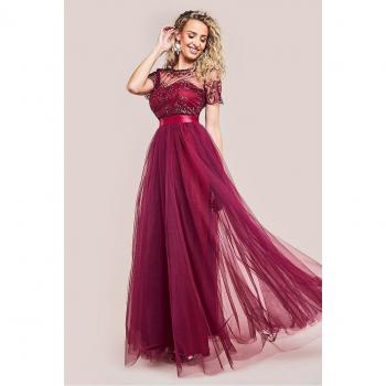 Burgundy Goddiva Embroidered Mesh Dress