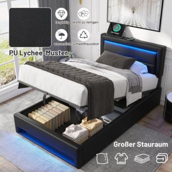 Bed Box Letto 90x200 cm – Ricarica Cablata/Wireless, LED, Nera, Senza Materasso