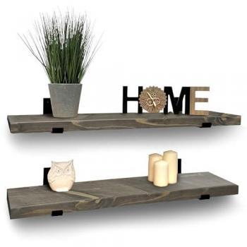 Driftwood Grey Wood Floating Shelf Pair – 110cm, Black Bracketed