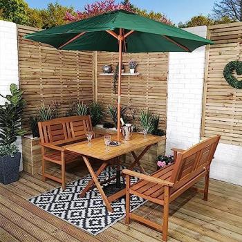 Brown‑Green 4‑Seat Folding Wooden Patio Dining Table and Bench with Parasol