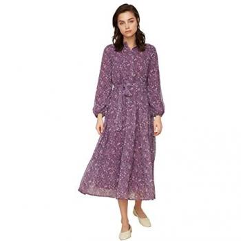 Modest Fashion: Lilafarbener Damen-Chiffon-Kleid in Blumenprint, mit Gürtel, Stehkragen & Innenfutter – 38