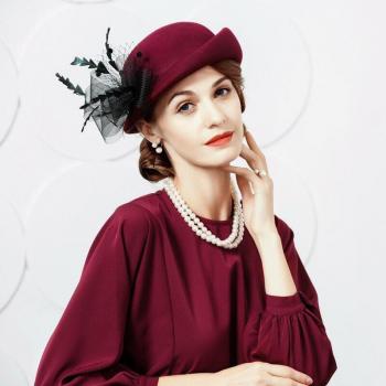 Wine Red Women's Fedora Hat with Veil 100% Wool M5103