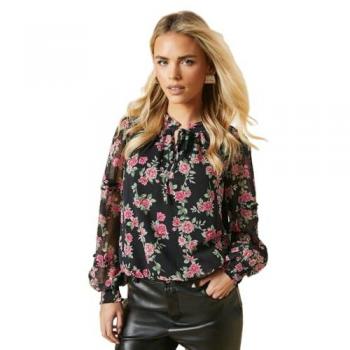 Petite Floral Pink Rose Chiffon Blouse with Ruffle Sleeves and Shirred Hem