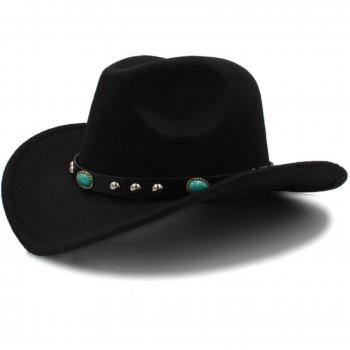 Women's Wide Brim Wool Cowboy Hat with Punk Belt, Roll-up Edge, Size 56-58cm