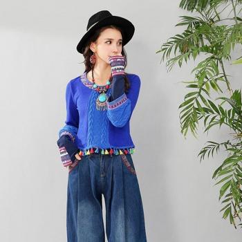 Top étnico corto para mujer, blusa china con borlas de punto azul, camisa vintage TA1469