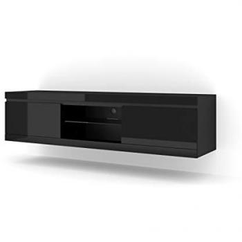 Meuble TV NET 180 cm avec 3 portes abattantes en bois noir brillant