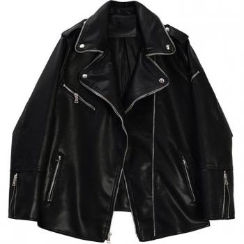 Chaqueta motera de PU para mujer con diseño otoñal y cuello turndown