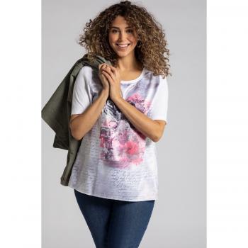 T-shirt donna bianca con stampa paisley, raso e pizzo, mezze maniche, scollo girocollo, taglia grande, viscosa/poliestere