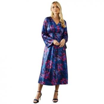 Wallis Petite Floral Satin Midi Dress – Blue