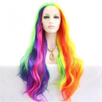 Peluca de cosplay con ondas arcoíris, malla frontal y fibra sintética