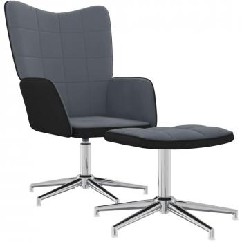 Poltrona Relax con Poggiapiedi in PVC e Velluto Grigio Scuro