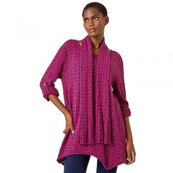 Fuchsia Abstract Print Women's Stretch Tunic Top with Scarf