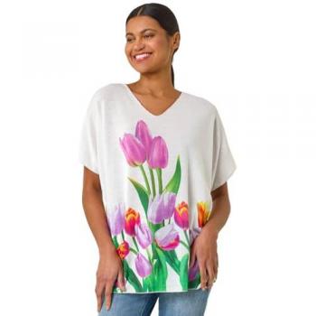 Haut Blanc à Motif Tulipe avec Décolleté V