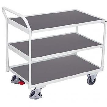 Chariot de bureau léger en acier/MDF – couleur gris clair / gris foncé – 3 niveaux – dimensions 835 × 505 mm – roues TPE avec arrêt facile, capacité