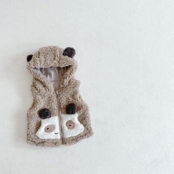 Winterjacken für Kinder, Weste in Rosa und Khaki mit kuscheliger Wolle und Vlies, Mit Kapuze, Tiermotiv: Panda und Kaninchen, e4104