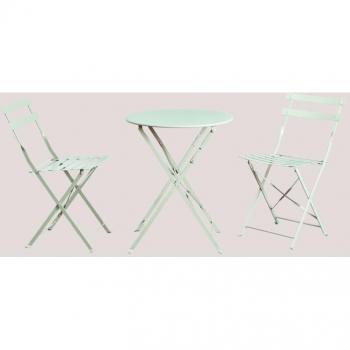 Sklum Décor Jardin : Table Ø60 cm Acier, 2 Chaises Mousse Céladon