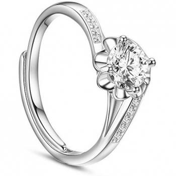 Bague en Argent Sterling avec Anneau Pave d'Oxydes de Zirconium Incolores et Fleur en Zircon Réglable