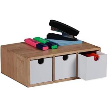 Organizer da Scrivania, 3 Cassetti, Bambù e MDF, 9 x 26 x 18 cm, Bianco Marrone