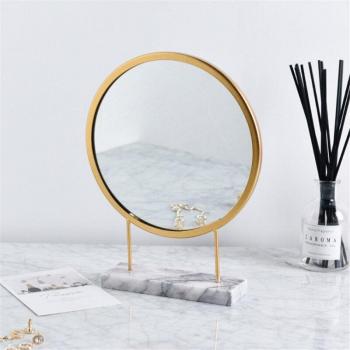 Elegant Round Mirror with Gold Finish and Marble Stand