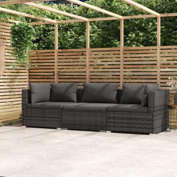 VidaXL 3-Seater Outdoor Sofa with Cushions Grey Rattan