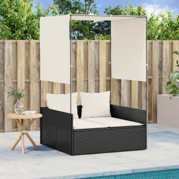 Lit de bronzage vitaXL double à toit, rideaux noirs, cadre résine tressée