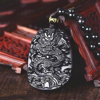 Natural Black Obsidian Dragon Bead Necklace