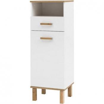 Lomadox Highboard in Weiß Glanz Eiche Landhaus – Modell PASSAU-04 (Abmessungen: 40,4 × 114,5 × 35 cm)