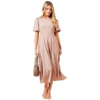 Puff Sleeve Midi Dress in Beige