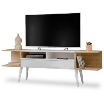 Meuble TV Komodee Forio – 6 Compartiments – Blanc – Chêne – 160 × 35 × 52 cm (Salon/Salle à manger)