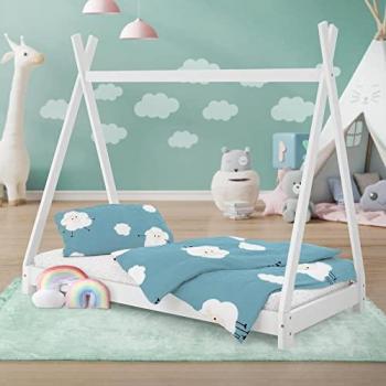 Cama Infantil Tipi 80x160 cm Estructura de Madera de Pino Blanco con Somier y Diseño de Casa para Juegos