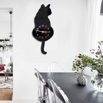 Cute 3D Cat Wall Clock with Wagging Tail, Silent Function, Black Home Decor for Kids