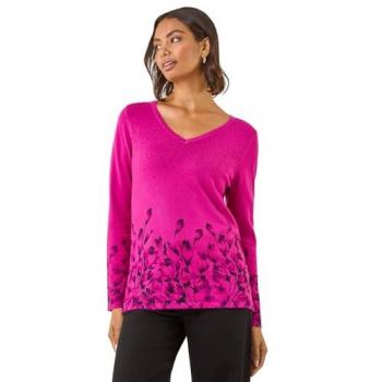 Roman Magnificent Floral Knitted Pullover for Women – Magenta Size 12