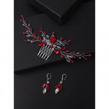 Bridal Headpieces Red Gold Rhinestone Hair Comb and Earrings