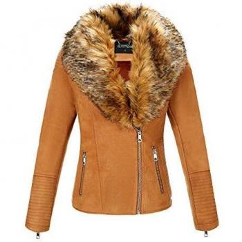 Giacca Corta BELLIVERA Donna Ecopelle con Colletto Pelliccia Sintetica e Fodera Pile, Inverno Autunno, Marrone S