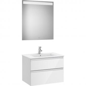 Conjunto de baño The Gap de Roca con mueble suspendido, lavabo de porcelana, espejo LED y acabado en blanco brillo