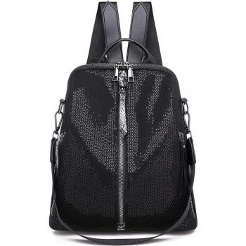 Rdywbu Funkelnder Rucksack für Mädchen, schwarzer Glitzer-Rucksack mit Reißverschluss, B361