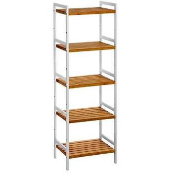 Estantería de Bambú Natural y Color Blanco, 5 Niveles, Dimensiones: 45x31,5x142 cm, Ideal para Baño, Cocina y Dormitorio