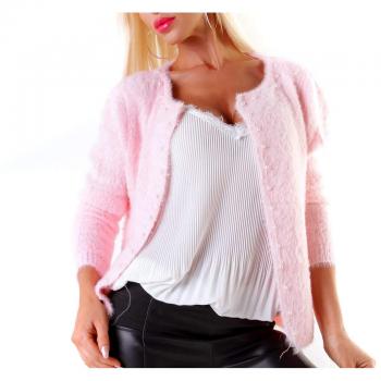 Schnurstrich‑Jacke „Glitzerperle“ – Live‑Cardigan mit Kunstfell – S/M