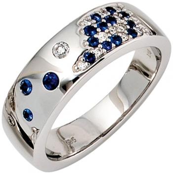 JOBO Damenring 585 Weißgold 13 Brillanten 0,10ct. 15 blaue Safire