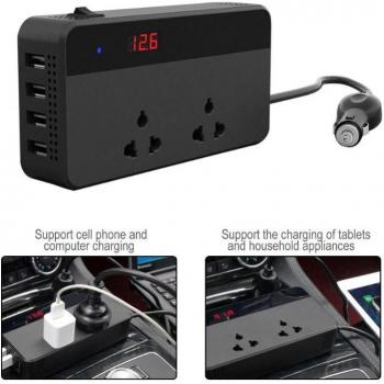 Inversor de auto 200W negro con pantalla LCD DC 12V a AC 220V y 4 salidas USB