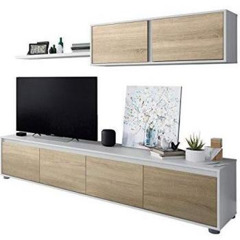 Mueble de salón moderno Alida en blanco artik y roble canadian