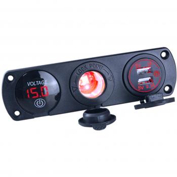 Cargador de Vehículo 12 V con Dos Puertos USB, Medidor de Voltaje y Lámpara LED – 3‑en‑1 para Barcos y RV, Rojo
