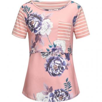 Short Sleeve Floral Striped Maternity Blouse for Nursing