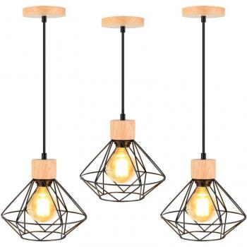 Industrial Metal-Wood Cage Ceiling Lamp Set – 3 Units