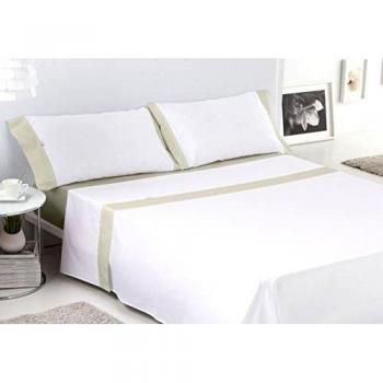Es-Tela Juego de Sábanas Liso Aplique 4 Piezas, Algodón-Poliéster, Color Blanco-Piedra, Cama 175/200