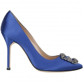 Décolleté Hangisi Manolo Blahnik raso blu reale fibbia gioiello 38
