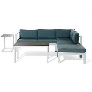 Set Divano Angolare da Giardino Bianco con Cuscini Verdi e Tavolo a Doghe 5 Posti Messina