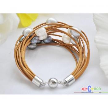 Pulsera de cuero de 15 filas, 8 y 13 mm en blanco, negro y gris perla
