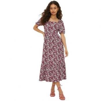 Womens Tiered Midi Dress in Pink Ditsy Print
